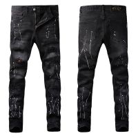 ▨﹍ European station vintage fashion mens jeans black slim cut patch splash-ink technology street style