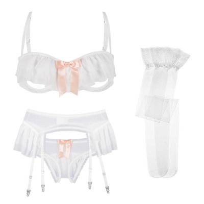Varsbaby sexy ruffles 4pcs bras+panties+garters+stockings yarn transparent unlined S M L XL underwear set