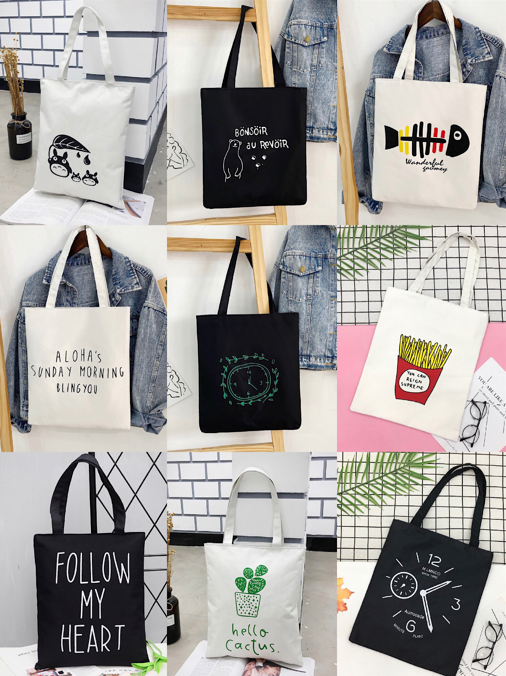 Miss.J Korean New Fashion Canvas Tote Bag Black White Canvas Shoulder