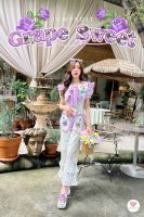 Mariadiamond สีม่วง  Grape Sweet Jumpsuit จั้มสูทวินเทจขายาว จั้มสูทลายดอกไม้ ชุดวินเทจ ปกพิมพ์ลายน้องเเมว ปกวินเทจ