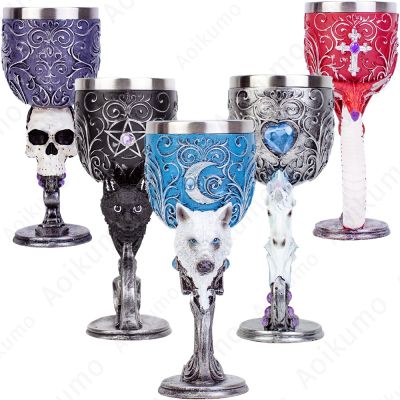 Creative 3D Cat Dragon Skull Unicorn Wolf Chalice Goblet High Quality Resin Stainless Steel Wine Glass Halloween Christmas Gift