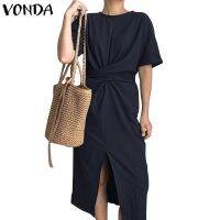 ☾✸ Vonda Womens Baggy Short Sleeve Round Neck Work Slit Wrap Dress