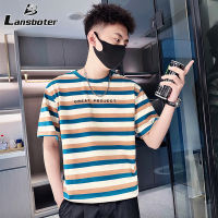 Lansboter เสื้อยืดแขนสั้นลายทางสำหรับผู้ชาย,เข้ารูปพอดีลำลองเข้ากับทุกชุดคอกลมหล่อ