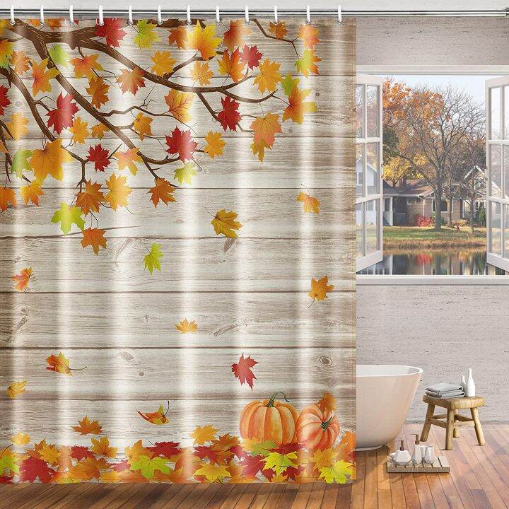 fall-shower-curtain-thanksgiving-pumpink-farmhouse-style-shower-curtains-maple-leaves-rustic-wooden-autumn-bathroom-decor