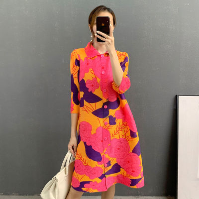 SuperAen  Autumn New Fashion Contrast Color Three Quarter Print Plus Size Slim Casual A-LINE Turn-down Collar Woman Dress