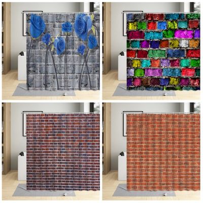 Vintage Old Brick Pattern Shower Curtains Colored Stone Wall Decor Blue Floral Background Bathroom Curtain With Hooks Waterproof
