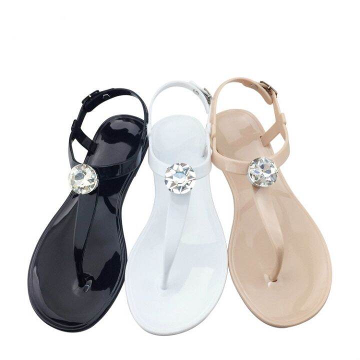 ขายดีที่สุด-ioztt2023-flat-bottom-sandals-fashion-rhinestone-clip-toe-footwear-large-size-flip-flops-ladies-jelly-shoes