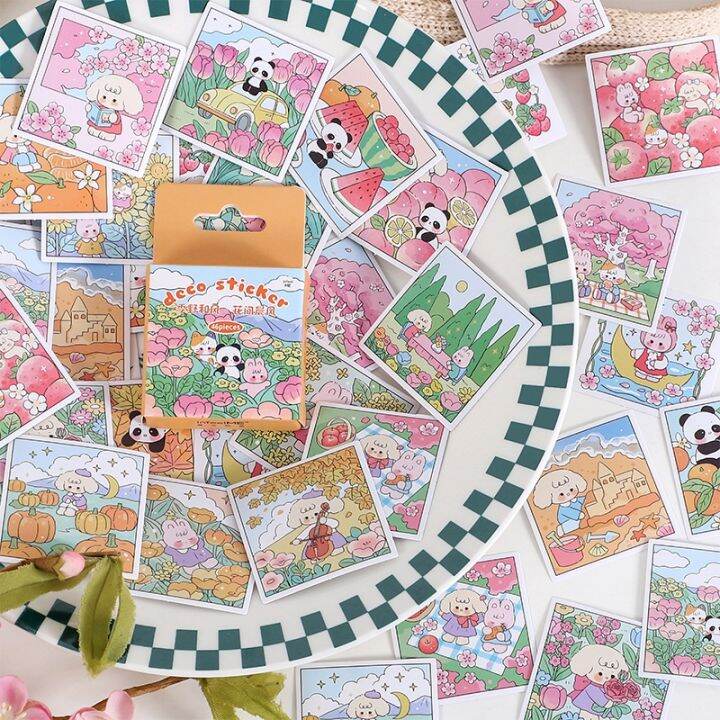 lz-46-pcs-kawaii-cartoon-stickers-aesthetic-stick-labels-adhesive-diy-diary-album-stationery-scrapbooking-collage-material