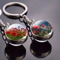 Flower Key Chain Poppy Flowers Key Ring Double Side Glass Ball Keychain Pendant Keyring Key Chains