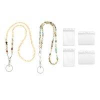 2 Pcs Beaded Lanyards, Wooden Beaded Lanyards Keys Eyeglass Lanyards with 4 Card Holders Beaded Lanyards for ID Badge