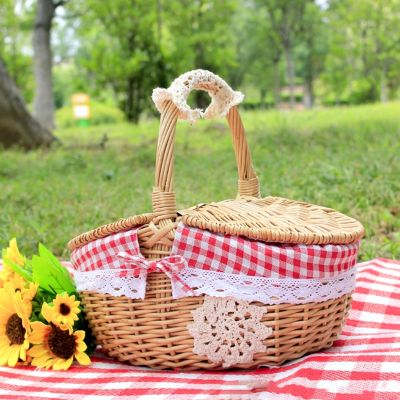 Rattan Outdoor Picnic Basket Country Style Wicker Hamper with Lid and Handle Quality Liners Food Fruit Storage Carrying