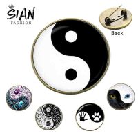 【YF】 SIAN Yin Yang Brooches Pins Personality Tai Chi Ba Gua Glass Metal Lapel Pin Shirt Badges