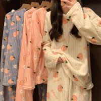 COD SDFGERGERTER New Style Peach Warm Suit Autumn Winter Thickened Plus Velvet Casual Homewear Printed Pajamas Coral Two-Piece JE66