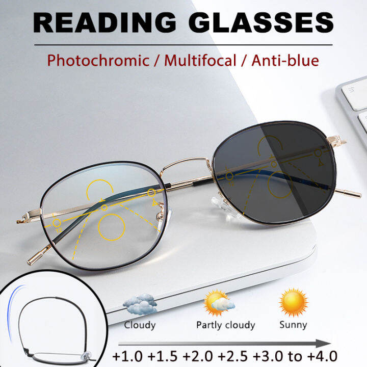 Outdoor Photochromic Reading Glasses Progressive Multi Focus Eyeglasses For Men Women Anti Blue 6058