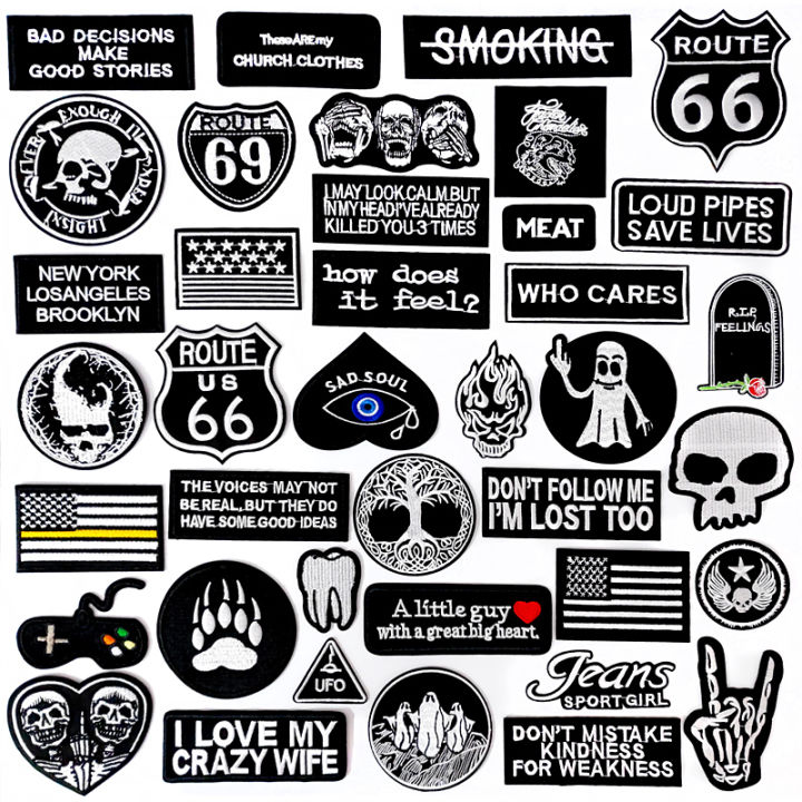 Black And White Iron On Patches On Clothes Punk Skull Patches On Jeans  Clothes Heart Embroidery Patch DIY Applique Badge Sticker