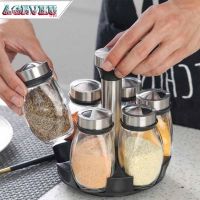 Spice Jar Set Rack 7pcs Glass bottles Organizer Rotating Seasoning Sugar Pepper Bottles Salt Shakers Holder Kitchen Storage Rack