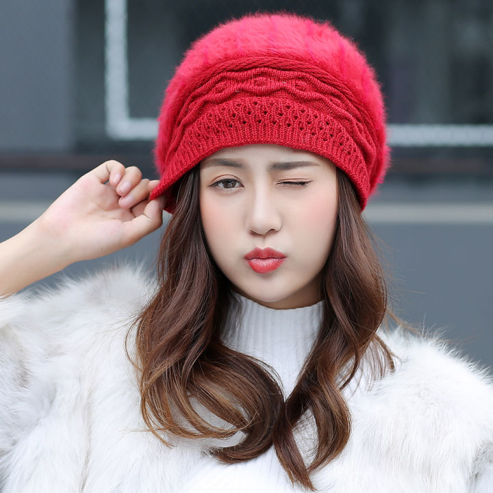 หมวกขนกระต่ายหมวกกันหนาวสำหรับเด็กหมวกถักกลางแจ้งหมวกเบเร่ต์บุขนกำมะหยี่หนาพิเศษหมวกสไตล์เกาหลี