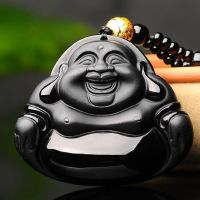 ZZOOI Natural Obsidian Stone Carved Maitreya Buddha Pendant Necklace Jewelry Unisex Men Women Lucky Amulet Pendant Free Beads Chain