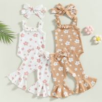 Infant Newborn Baby Girls Summer Outfit 3Pcs Set Sleeveless Floral Sling Romper + Bowknot Flared Pants + Headband  by Hs2023