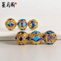 ◘■♂ Cloisonne ลูกปัดกลม สเปเซอร์ทองเหลือง กำไลทอง แอคเซสเซอรี่ ลวดลายเป็นเส้น ลงยา เขียนข้อความ สีน้ำเงิน แฮนด์เมด เล่นลูกปัดหลวม