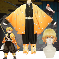 Kids Demon Slayer Cosplay Costume Agatsuma Zenitsu Kimetsu no Yaiba Men Kimono Anime Yellow Uniform