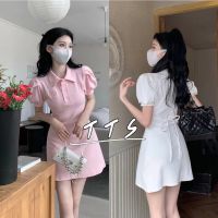 ลดล้างสต๊อก ส่วนลด 50  สำหรับคุณ✈⊕  ? พร้อมส่ง?เดรสแขนสั้นโปโลผูกเอว เดรสหวานแขนพัฟฝรั่งเศส