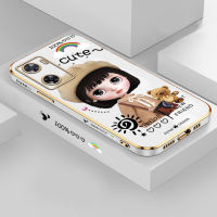 สำหรับเซลล์เคสโทรศัพท์ OPPO A57 2022ฟรีสายคล้อง + การ์ตูนสาวน่ารักลวดลายขอบสี่เหลี่ยมชุบเคสโทรศัพท์ชุบหรูหราชุบเคสโทรศัพท์นิ่ม