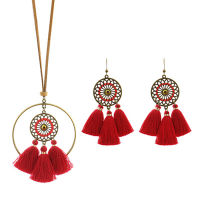 Retro Bohemian Necklace Earring Set for Women Long Tassels Hollow