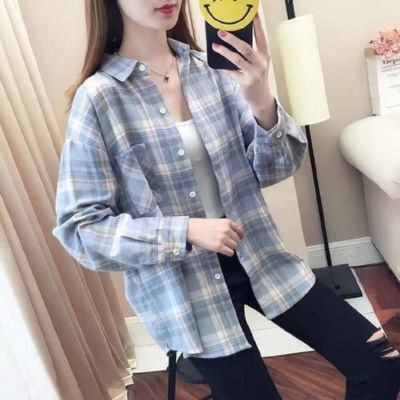 [Spot] new fresh plaid shirt Womens Korean-style long sleeve loose student top spring, summer, autumn coat 2023