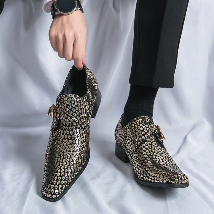 รองเท้างานแต่งงานสำหรับรองเท้าโลฟเฟอร์ผู้ชายสายหัวเข็มขัดสแควร์-sp-รองเท้าผู้ชายทำด้วยมือสีเงินสีดำฤดูใบไม้ร่วง