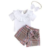 Newborn Baby Girl Three-Piece Outfits, Short Sleeve Solid Color Ruffles Tops + Bowknot Plaid Short Pants + Decorative Hairband  by Hs2023