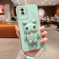 VRQR โทรศัพท์ตั้งโต๊ะรูปกระต่ายน่ารักเคสสำหรับ Vivo Y02 Y02T Y02A เคสมือถือตั้งได้ประดับกลิตเตอร์หรูหราเคลือบผิวด้วยไฟฟ้าปลอกที่ตั้งการ์ตูนน่ารักเคสแถมฟรีสายคล้องโทรศัพท์เนื้อนิ่มเพื่อการป้องกัน