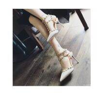 [Low Price][Comfortable 8cm &amp; Hot Style] Rivet Stilettos High Heels Womens Shoes y-Shape strap shoes pointed shoes