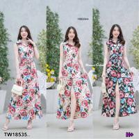 TT18535 เดรสปกเชิ้ตแขนกุด ลายดอกไม้ติดกระดุมสีดำ .sleeveless shirt collar dress Floral pattern with black buttons..