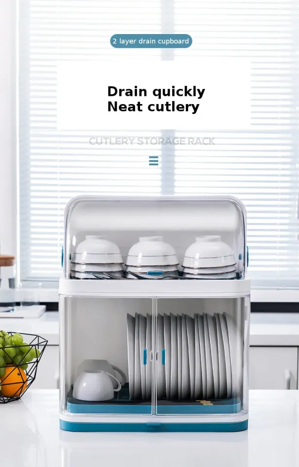 PLAFUETO Covered Kitchen Dish Drying Rack Plastic Dustproof Drain Storage  Box Basket Cutlery Holder Utensil Organizer with Lid, Grey
