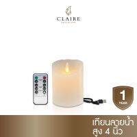 Claire Candle เทียนไฟฟ้า LED แบบชาร์จ ขนาด 4 นิ้ว สีขาวลายน้ำ เนื้อแว็กซ์ ตั้งเวลาปิดอัตโนมัติ ปรับระดับความสว่างได้ พร้อมสายชาร์จ และรีโมท