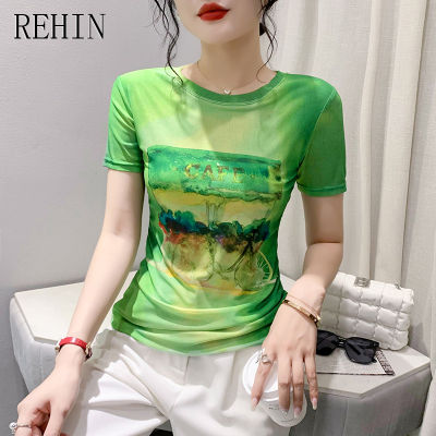 REHIN เสื้อยืดแขนสั้นพิมพ์ลายตาข่ายฤดูร้อนแฟชั่นผู้หญิง,เสื้อยืดคอกลมกระชับสัดส่วนและมีสไตล์ด้วยเสื้อ S-3XL ดอกไม้ที่สง่างาม
