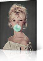 Brigitte Bardot ฟองหมากฝรั่งสีเขียวหมากฝรั่งสีภาพไอคอนป๊อปภาพสีบนผ้าใบห้องนั่งเล่นสำนักงานภาพพิมพ์ศิลปะห้องนอนของตกแต่งบ้านทันสมัยพร้อมแขวน36x24