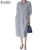 ZANZEA Women Casual Striped Print Collare Neck Mini Shirt Dress