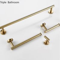 1pc Wall Mounted Hand Towel Bar Brushed Gold Stainless Steel Round Toilet Paper Holder Towel Rack Hooks Bathroom Accessories