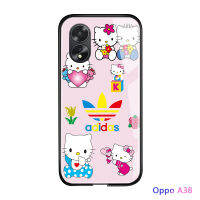 เคสใส่โทรศัพท์สำหรับ A38 A18 OPPO แบรนด์แฟชั่นการ์ตูนแมวคิตตี้เคสมือถือสำหรับสาวๆกระจกนิรภัยมันวาวหลังเคสโทรศัพท์