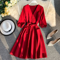 Spring Summer  Women Dress Solid V-Neck Three Quarter Sleeve Vestidos Chic Sashes High Waist Knee-Length Robe 43082