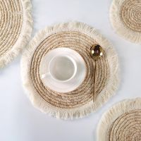 【CC】✓  Placemat Corn Husk Braided Tassel Thickened Insulated Small Cup Cushion Table