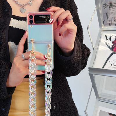 เคสสำหรับ Galaxy อะคริลิคโปร่งใสบางเฉียบโปร่งใสสี Flip4 3สีสดใสมีสายโซ่ฝาครอบป้องกันเลเซอร์ใส