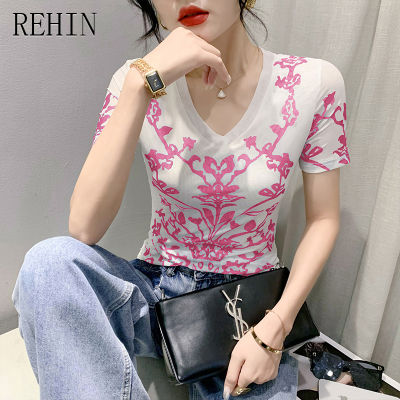 REHIN เสื้อยืดผู้หญิงแขนสั้นคอวีพิมพ์ลายตำแหน่ง,เสื้อยืดแฟชั่นและฐานที่เหมาะสมเข้ารูปใหม่ฤดูร้อน2023