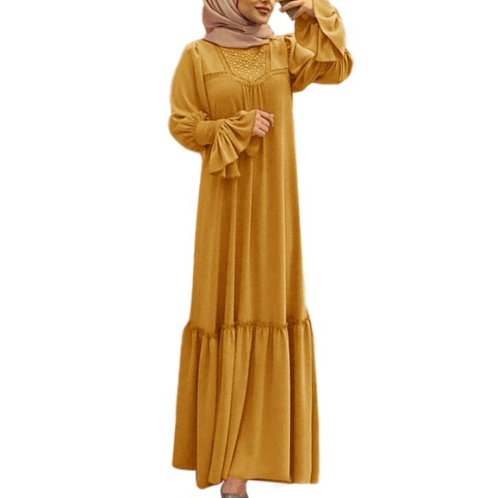 ผู้หญิงมุสลิม Plus ขนาด Flare แขนยาว Maxi Abaya ชุด Ruffles สีทึบหลวมตุรกีดูไบ Kaftan อิสลาม Robe 5XL