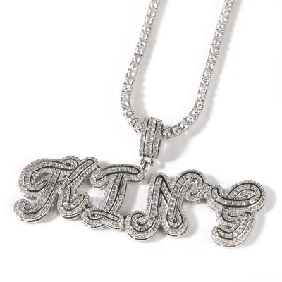 Uwin Name Necklace Custom Baguette Letter Cursive Pendant Iced Out CZ Script Initial Name Tennis Chain Necklace Hiphop Jewelry