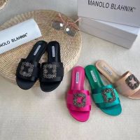 2023 mon0l0 blahinkˉSummer New Silk Flat Bottom Square Button Solid Round Toe Open Toe Slippers