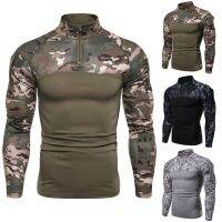 [COD] Foreign trade European version mens military field outdoor fitness camouflage long-sleeved zipper pocket T-shirt elastic stand-up collar