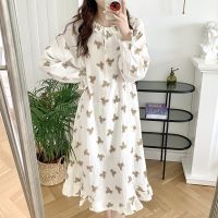 【 WYIN kitchen】 Simple O-neck Cartoon Cute Nightgowns Spring Long Sleeve Bear Sleep Dress Mori Girl Fungus Kawaii Sleeping Night Wear